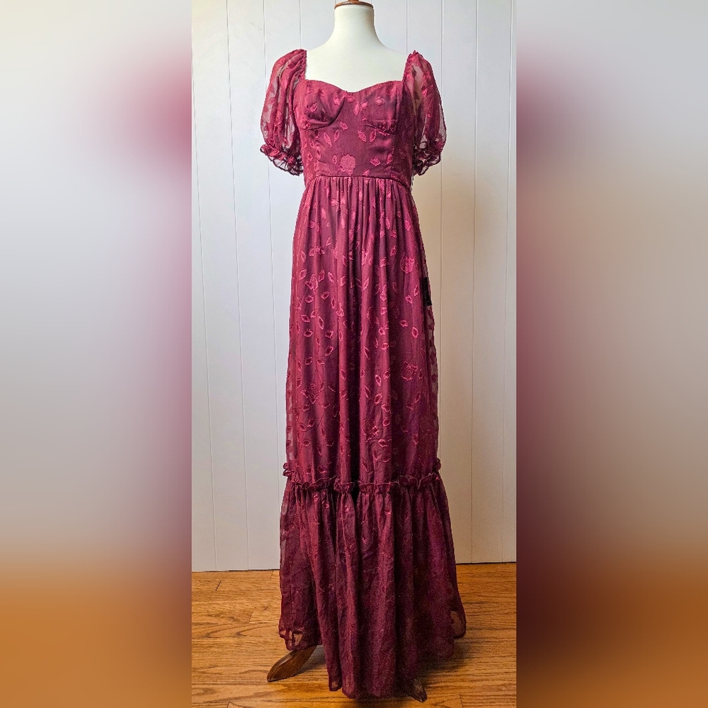 Lulus Adele Burgundy Floral Burnout Puff Sleeve Maxi Dress – Size M, NWT